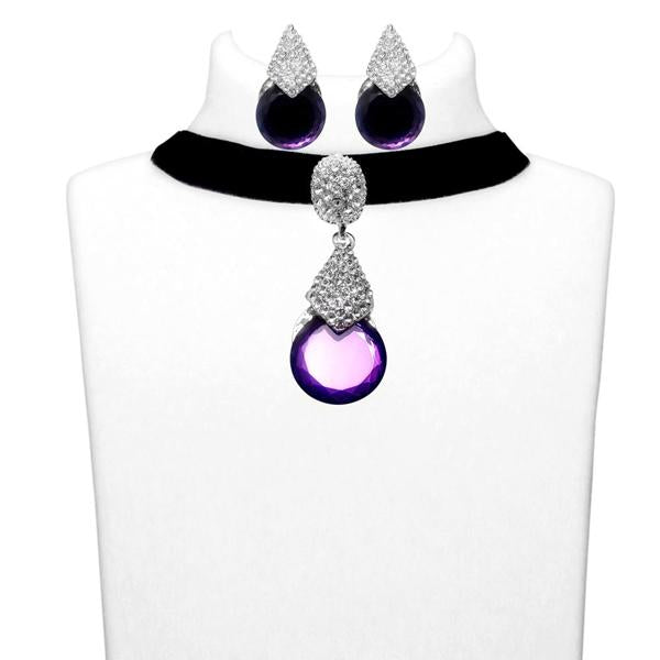 Jeweljunk Purple Stone Silver Plated Choker Necklace Set - 1108710B