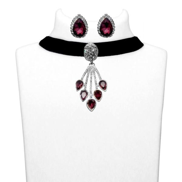 Jeweljunk Purple Stone Silver Plated Choker Necklace Set - 1108711A