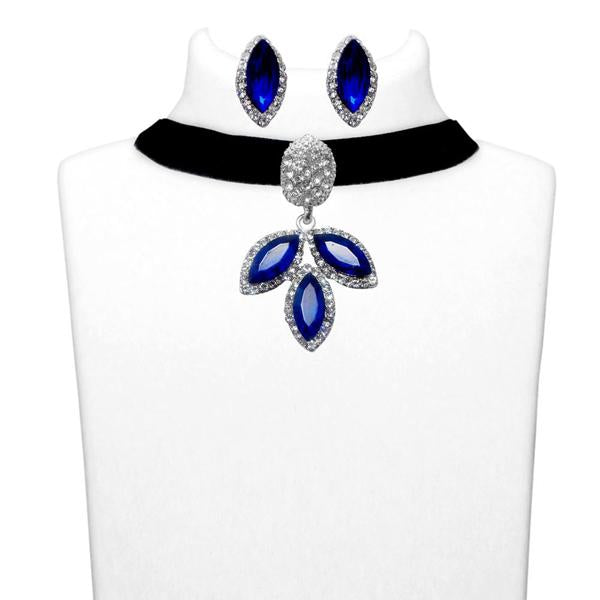 Jeweljunk Blue Stone Silver Plated Choker Necklace Set - 1108712D