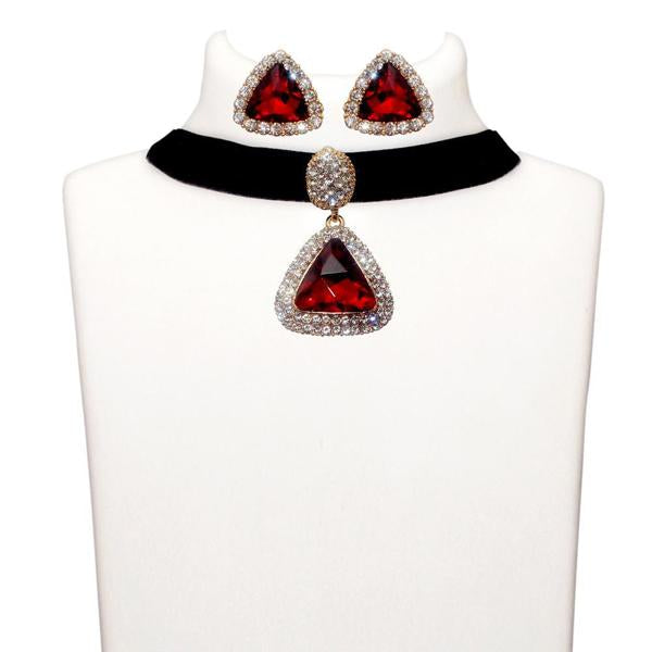 Jeweljunk Red Stone Gold Plated Choker Necklace Set - 1108718B