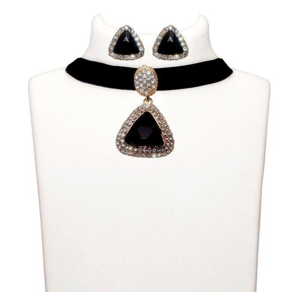 Jeweljunk Black Stone Gold Plated Choker Necklace Set - 1108718C