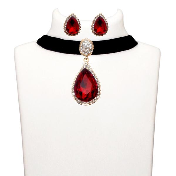 Jeweljunk Red Stone Gold Plated Choker Necklace Set - 1108719B