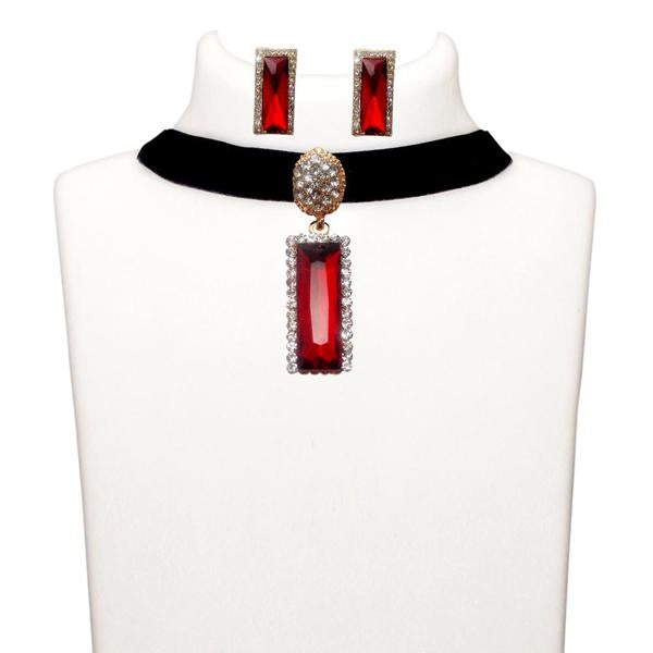 Jeweljunk Red Stone Gold Plated Choker Necklace Set - 1108720B