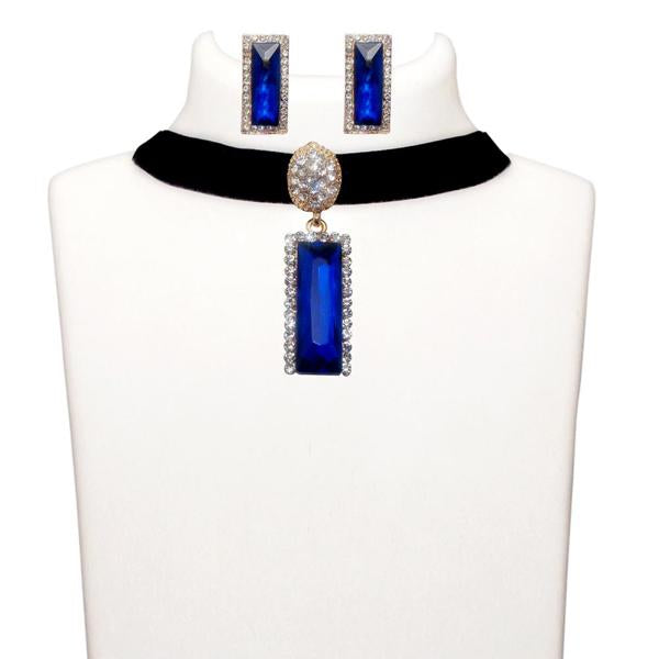 Jeweljunk Blue Stone Gold Plated Choker Necklace Set - 1108720D