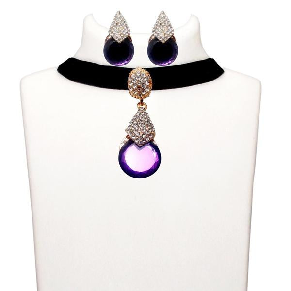 Jeweljunk Purple Stone Gold Plated Choker Necklace Set - 1108722A