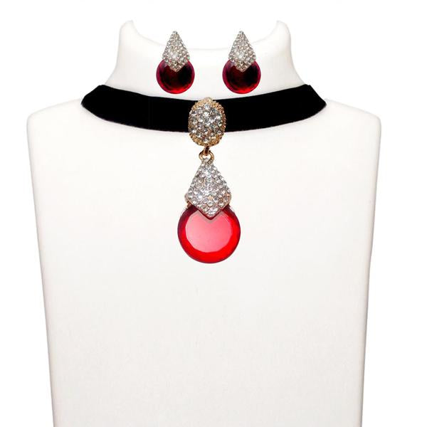 Jeweljunk Red Stone Gold Plated Choker Necklace Set - 1108722B