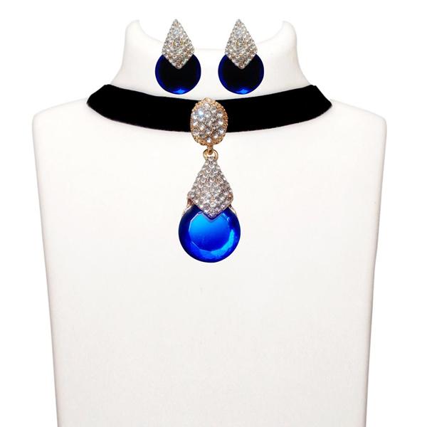Jeweljunk Blue Stone Gold Plated Choker Necklace Set - 1108722D