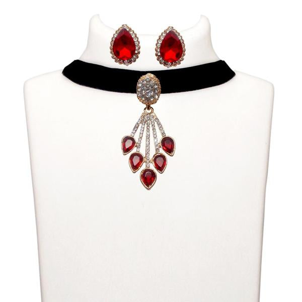 Jeweljunk Red Stone Gold Plated Choker Necklace Set - 1108723B