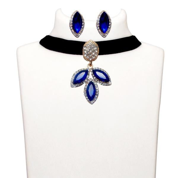 Jeweljunk Blue Stone Gold Plated Choker Necklace Set - 1108724D