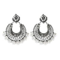 Jeweljunk Rhodium Plated White Beads Chandbali Earrings - 1311008B