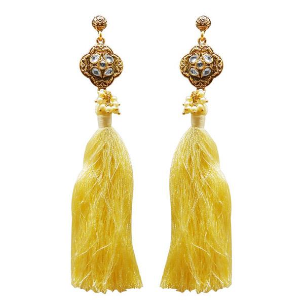 Tip Top Fashions Kundan Pearl Yellow Thread Gold Plated Earring - 1311414B