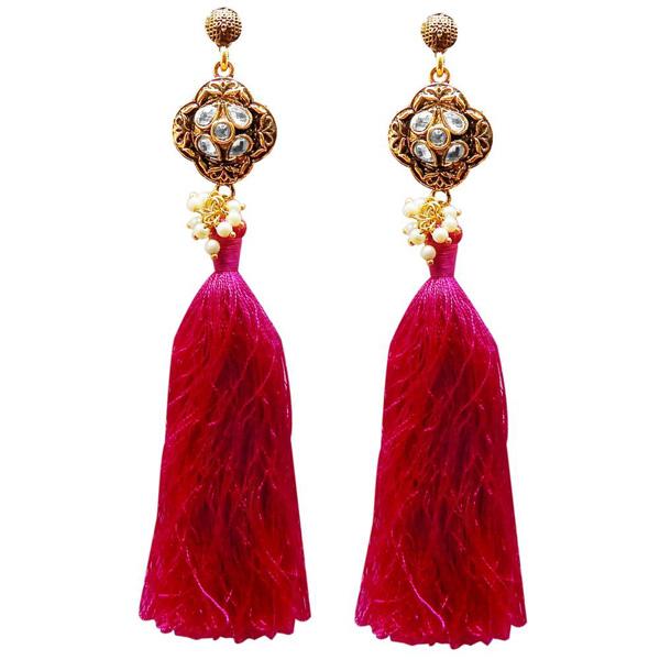 Jeweljunk Kundan Pearl Pink Thread Gold Plated Earring - 1311414D