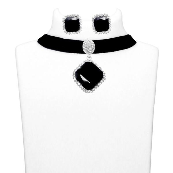 Jeweljunk Black Stone Silver Plated Choker Necklace Set - 1108701C