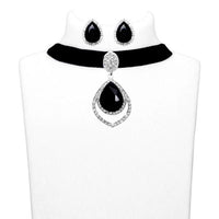 Jeweljunk Black Stone Silver Plated Choker Necklace Set - 1108703C