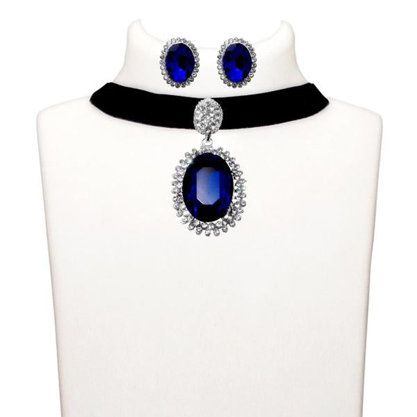 Jeweljunk Blue Stone Silver Plated Choker Necklace Set - 1108704D