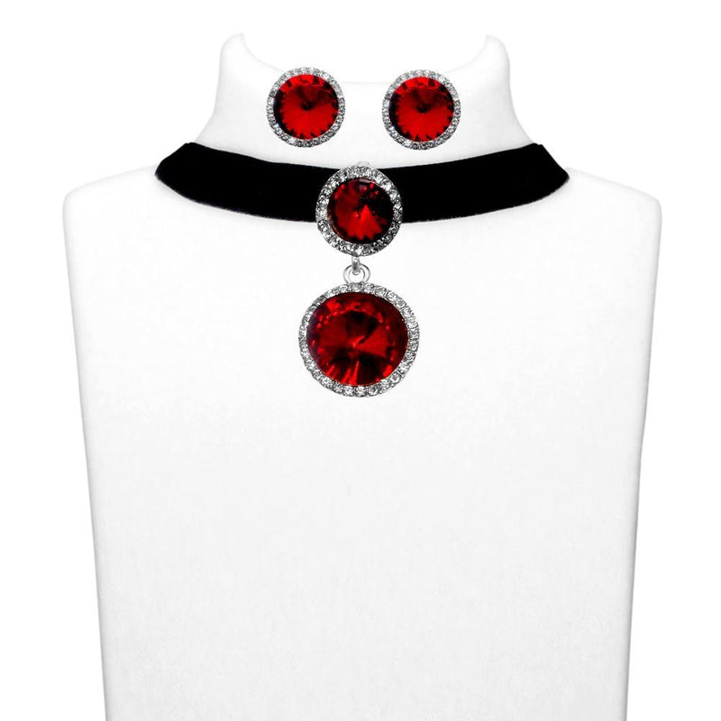 Jeweljunk Maroon Stone Silver Plated Choker Necklace Set - 1108705B