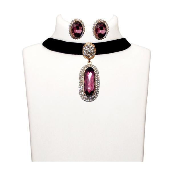 Jeweljunk Purple Stone Gold Plated Choker Necklace Set - 1108709A