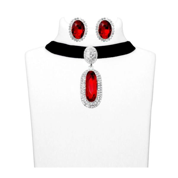 Jeweljunk Red Stone Silver Plated Choker Necklace Set - 1108709B