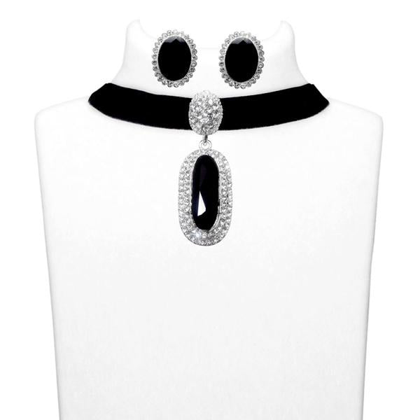 Jeweljunk Black Stone Silver Plated Choker Necklace Set - 1108709C