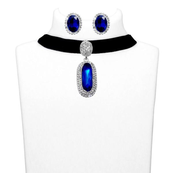 Jeweljunk Blue Stone Silver Plated Choker Necklace Set - 1108709D