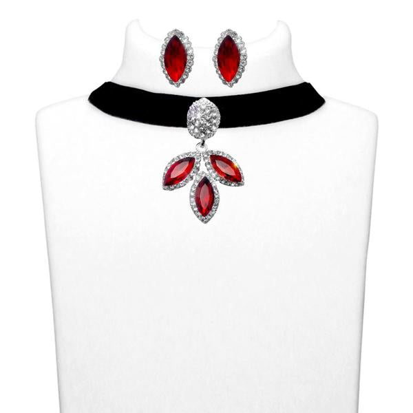 Jeweljunk Red Stone Silver Plated Choker Necklace Set - 1108712B