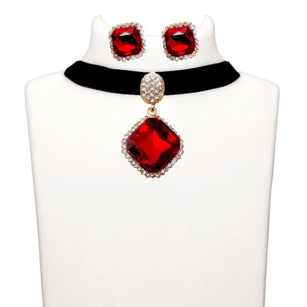 Jeweljunk Red Stone Gold Plated Choker Necklace Set - 1108713B