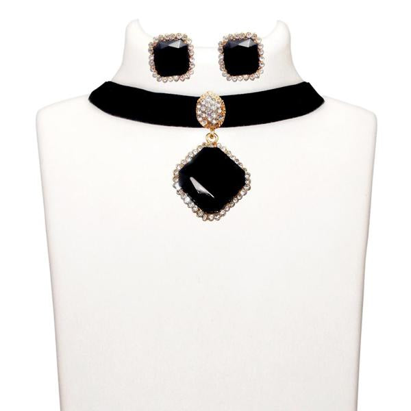 Jeweljunk Black Stone Gold Plated Choker Necklace Set - 1108713C