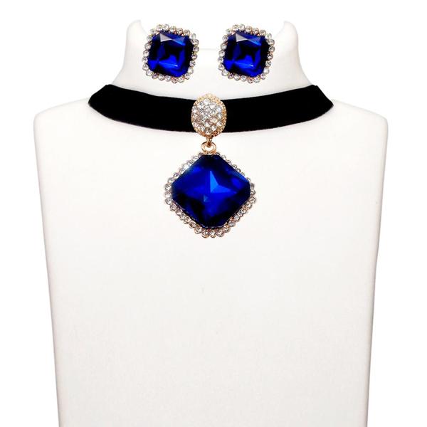 Jeweljunk Blue Stone Gold Plated Choker Necklace Set - 1108713D