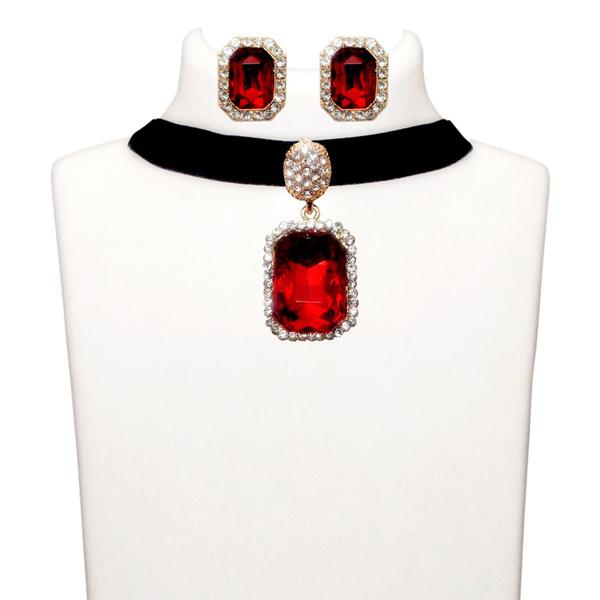 Jeweljunk Red Stone Gold Plated Choker Necklace Set - 1108714B