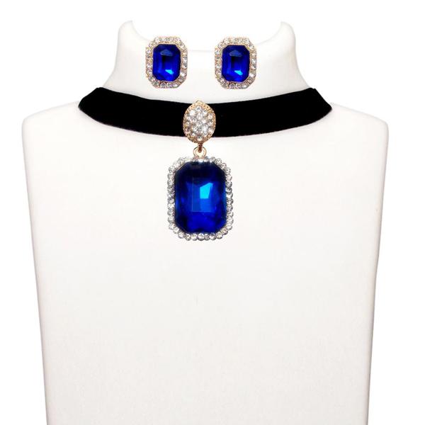 Jeweljunk Blue Stone Gold Plated Choker Necklace Set - 1108714D