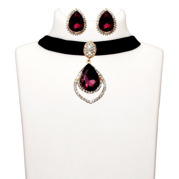 Jeweljunk Purple Stone Gold Plated Choker Necklace Set - 1108715A