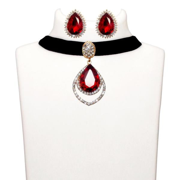 Jeweljunk Red Stone Gold Plated Choker Necklace Set - 1108715B