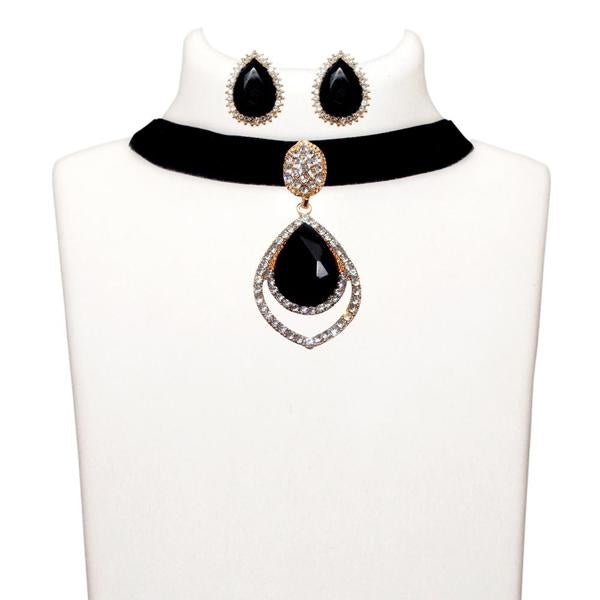 Jeweljunk Black Stone Gold Plated Choker Necklace Set - 1108715C