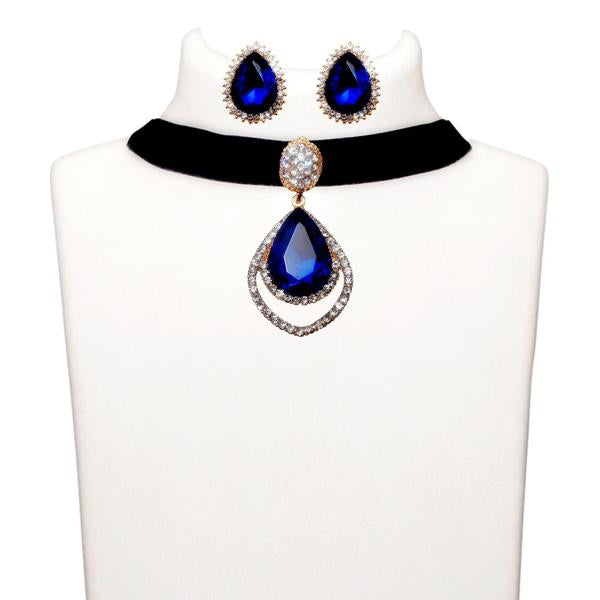 Jeweljunk Blue Stone Gold Plated Choker Necklace Set - 1108715D