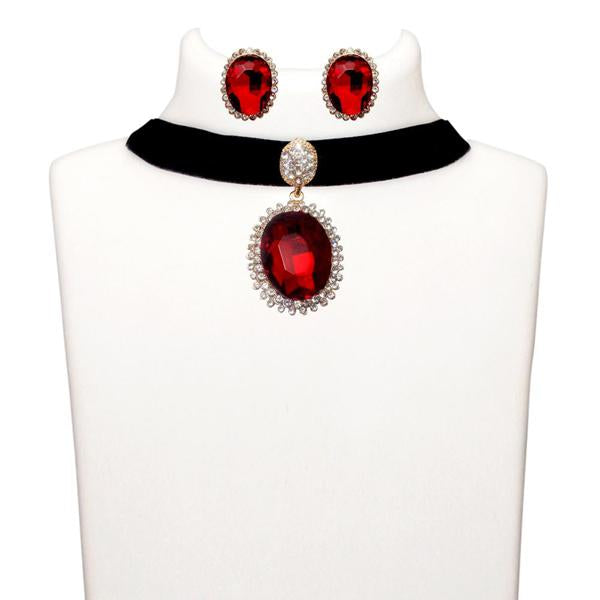 Jeweljunk Red Stone Gold Plated Choker Necklace Set - 1108716B