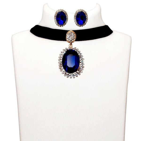 Jeweljunk Blue Stone Gold Plated Choker Necklace Set - 1108716D