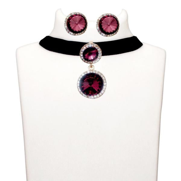 Jeweljunk Purple Stone Gold Plated Choker Necklace Set - 1108717A