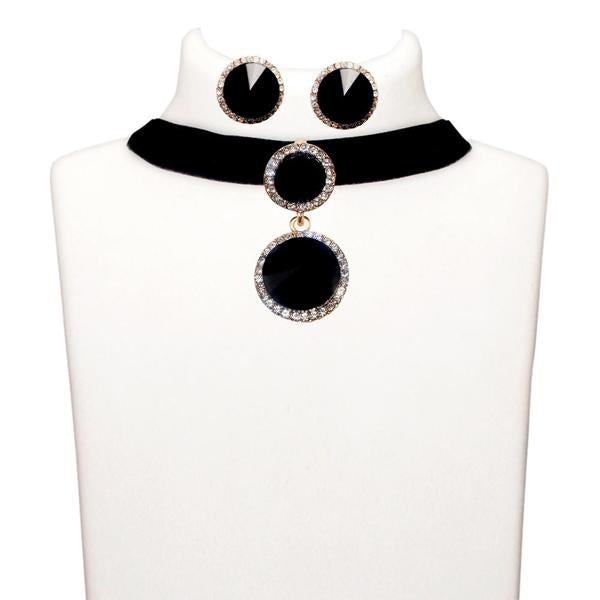 Jeweljunk Black Stone Gold Plated Choker Necklace Set - 1108717C