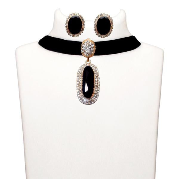 Jeweljunk Black Stone Gold Plated Choker Necklace Set - 1108721C