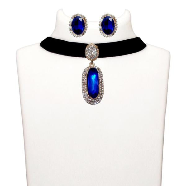 Jeweljunk Blue Stone Gold Plated Choker Necklace Set - 1108721D