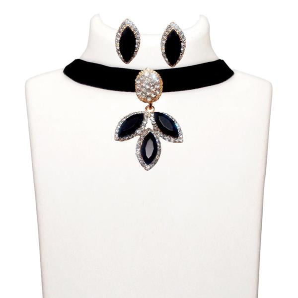 Jeweljunk Black Stone Gold Plated Choker Necklace Set - 1108724C