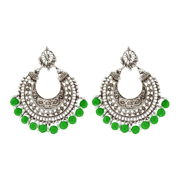 Tip Top Fashions Green Beads Silver Plated Afghani Earrings - 1311022E