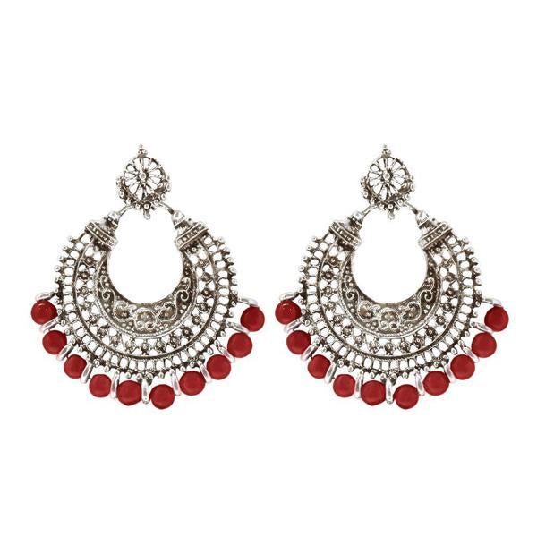Jeweljunk Maroon Beads Silver Plated Afghani Earrings - 1311022H