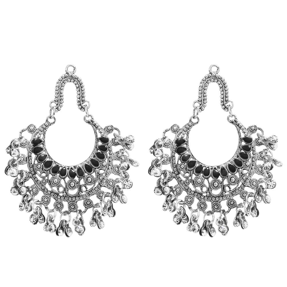 Jeweljunk Black Pota Stone Rhodium Plated Afghani Earrings - 1311028B