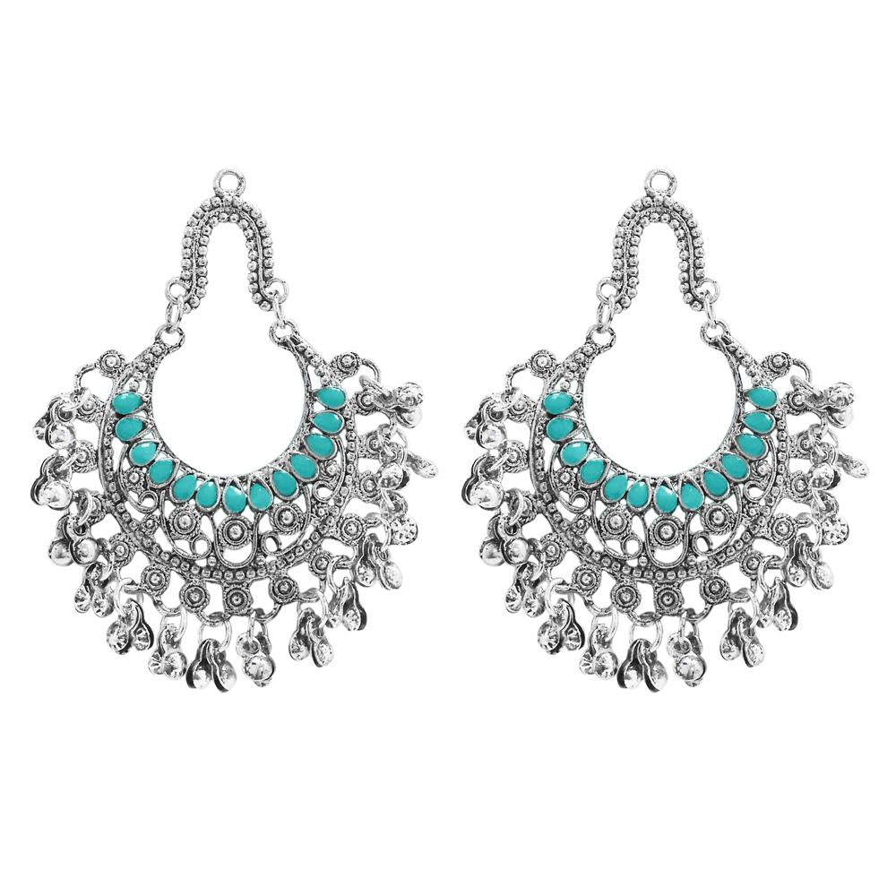 Jeweljunk Green Pota Stone Rhodium Plated Afghani Earrings - 1311028F