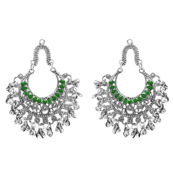 Jeweljunk Green Pota Stone Rhodium Plated Afghani Earrings - 1311028G