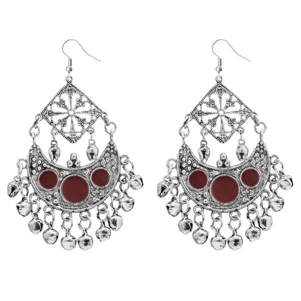Jeweljunk Maroon Meenakari Rhodium Plated Afghani Earrings - 1311034A
