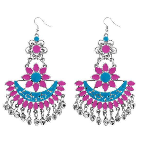 Tip Top Fashions Pink Meenakari Silver Plated Afghani Dangler Earrings - 1311057F