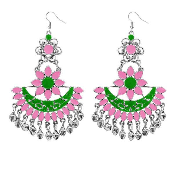 Tip Top Fashions Pink & Green Meenakari Afghani Earrings - 1311057H