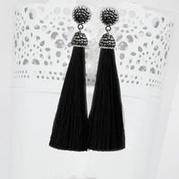 Jeweljunk Rhodium Plated Stone & Black Thread  Tassel Earring - 1310933D